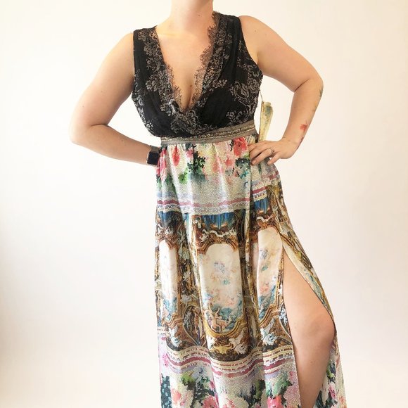 Aratta Dresses & Skirts - Aratta Lace Trim Mosaic High Slit Max Dress L